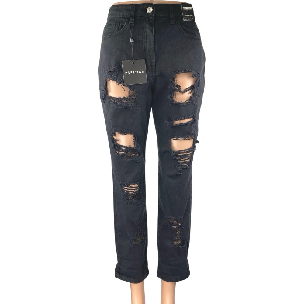 NEW Parisian Black Distressed Skinny High Waist Boyfriend Denim Jeans Pants Sz 8